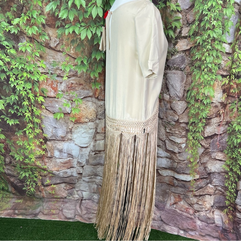 NWT TRYB Festival Style Taupe Silk Fringed Short Sleeve Blouse, XS - Picture 10 of 15
